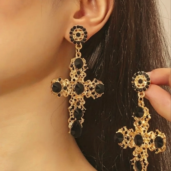 Cross Dangle Jewelry - Black Rhinestones Cross Dangle Earrings